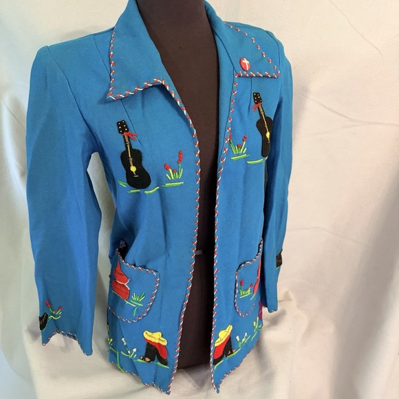 Handmade Other - Hand Embroidered 1940s Lopez Vintage Mexican Souvenir Felt Applique Jacket 36